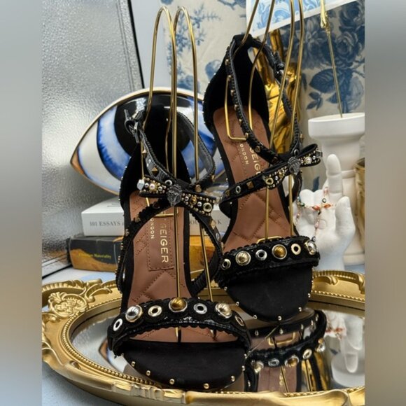 🆕 KURT GEIGER LONDON 🧿 NWOB Mini Bow Eyelet Heel Sandal, Black - Sz 37 US 7 - Picture 6 of 15